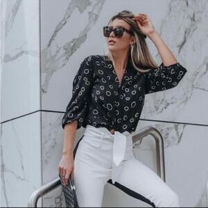Saloni Joana Space Dot Black White Metallic Gold Balloon Sleeve Button Blouse 2